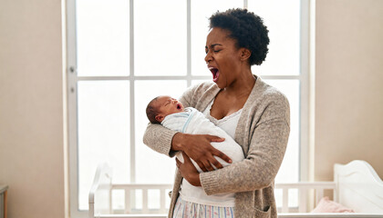 tired afro-american mother yawning while comforting newborn baby in cozy nursery