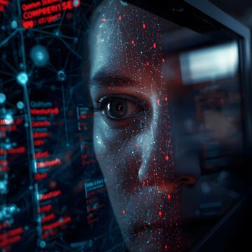 Extreme close-up of a quantum computer monitor displaying dynamic network simulations with critical red alerts, reflecting a focused human eye in a high-tech, cinematic composition.
