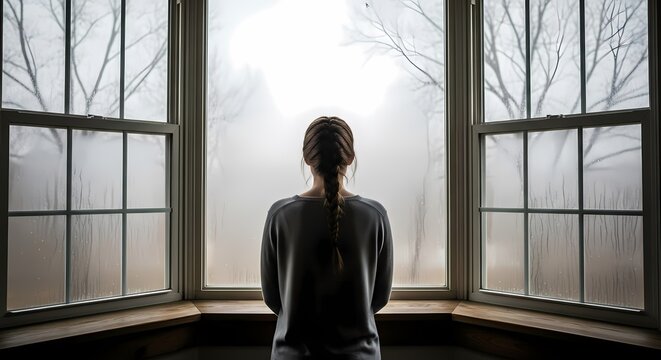 Woman Looking Out Frosted Window on Overcast Day - Powered by Adobe