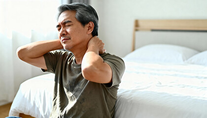 senior man sitting on bed experiencing neck pain in bright bedroom with morning sunlight