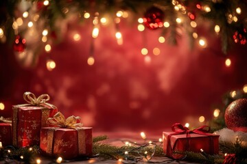 Red christmas background lights gifts boxes.