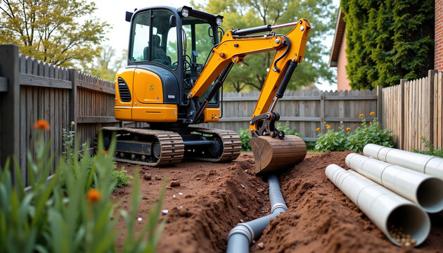 Mini excavator at work digging a trench, a small yellow digger performing excavation to lay pipes. Mini excavator work in garden for pipeline installation.