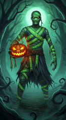 Full shot of a mummy holding a carved pumpkin in a forest. Its eerie appearance evokes a sense of mystery and supernatural atmosphere for Halloween concepts