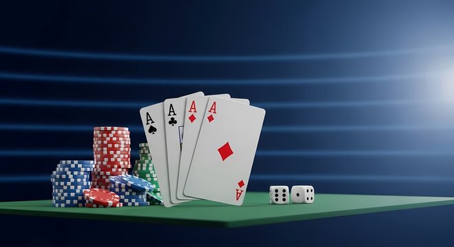 Four Aces Poker Hand Casino Chips and Dice on Green Felt Table Winning Gamble Concept