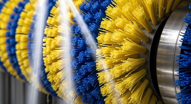 Close up of a powerful industrial cleaning brush roller with blue and yellow bristles ready for heavy duty washing and scrubbing tasks
