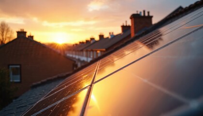 Obraz premium Residential area with solar panels on roof at sunset. Sun reflecting on panels illuminates houses. Renewable energy sources in urban settings offer sustainable solutions for home power.