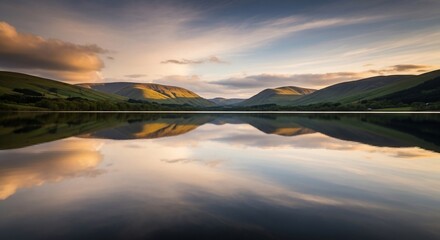 Scenic lake landscape with mountain reflections and dramatic sky