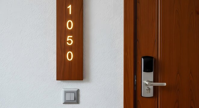 Modern hotel room entry with illuminated room number 1050 on wooden plaque beside electronic access door and light switch on white wall