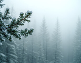 Atmospheric, cold winter scene with a snow-covered pine branch in the foreground. A tranquil forest is blurred by deep fog and mist. Perfect for nature and travel.