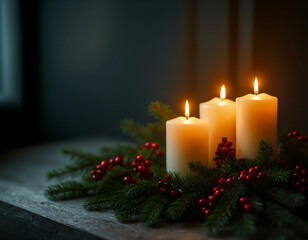 Moody close-up of three glowing Advent candles and red berries on rustic wood. Cozy, spiritual, and traditional Christmas holiday decoration.