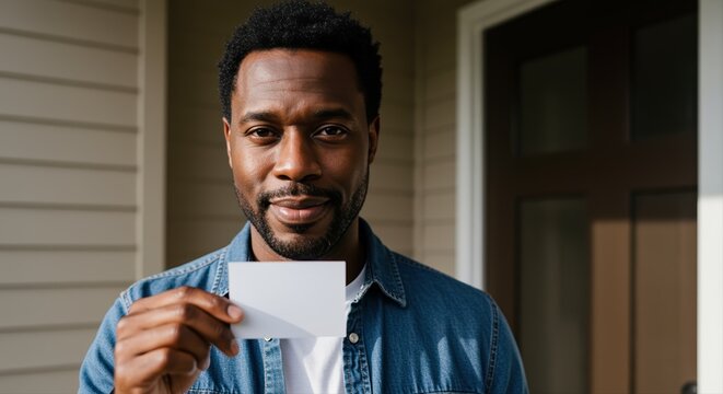 smiling man showing blank business card outdoors in casual denim shirt on a sunny day