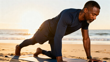 middle-aged man doing yoga on the beach during sunset for relaxation and fitness