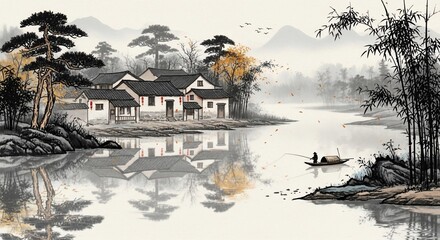 Scenic village landscape with river and fisherman asian style