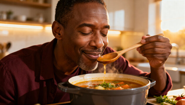 content middle-aged man enjoying homemade soup in warm sunlight kitchen setting