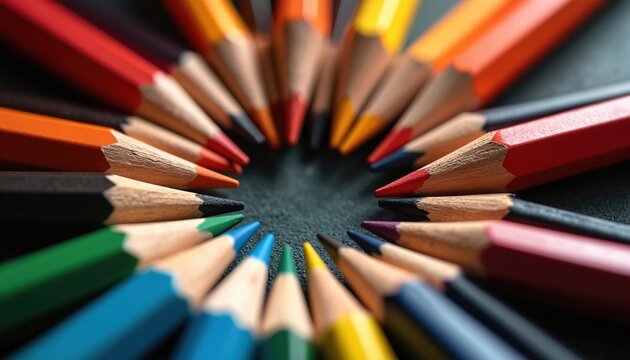 Bright colored pencils form precise circular pattern on dark textured surface. Sharpened wooden tips point directly inward. Vibrant art supplies for school, design, craft, creative work. Greatly - Powered by Adobe