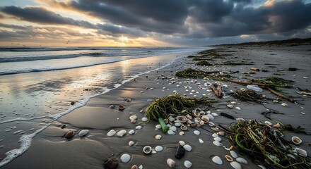 Seascape with shells and seaweed at sunset
