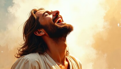 Joyful portrait of Jesus Christ laughs against sky backdrop. Divine love spiritual enlightenment fills illustration. Faith grace radiance inspiration prophecy shown in vision, sacred belief for peace.