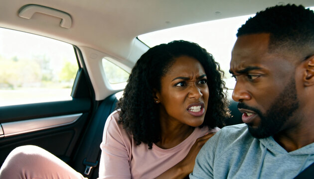 passionate couple arguing in car during a sunny day displaying intense emotions