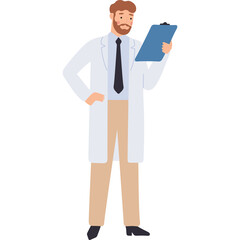 Bearded Man In White Lab Coat And Tan Pants Holding A Blue Clipboard And Standing On White Background