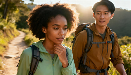 adventurous hikers exploring scenic trail during golden hour in mountainous terrain
