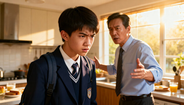 teenager in school uniform arguing with father in kitchen during morning sunlight - Powered by Adobe