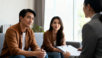 smiling couple consults with professional in bright office setting