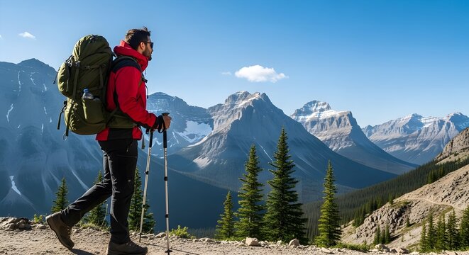 A hiker with a large backpack and trekking poles walks along a mountain trail with a stunning view of snowcapped peaks