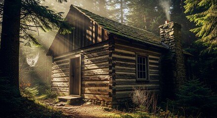 Secluded log cabin in forest sunlight rural retreat
