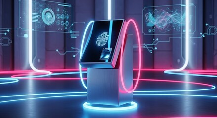 Futuristic Technology Interface with Neon Lights and Fingerprint Scanner.