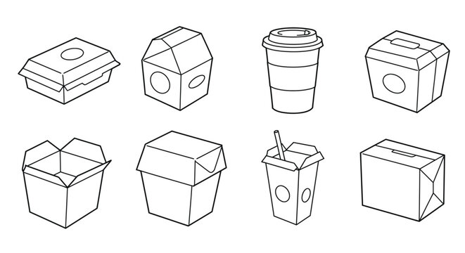 Line art illustration of various takeaway food containers and packaging