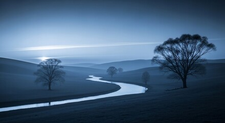 Serene landscape with river and trees in blue tone