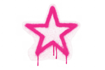 Pink stencil star graffiti with spray paint texture and dripping liquid on transparent background