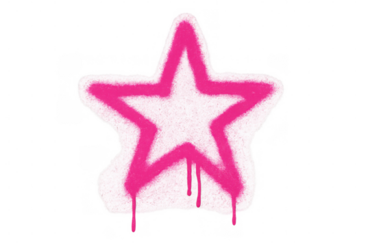 Pink stencil star graffiti with spray paint texture and dripping liquid on transparent background