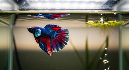Siamese fighting fish in aquarium with reflection and bubbles