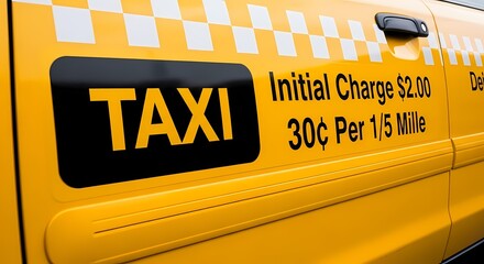 Close up of a classic yellow New York City taxi cab side with iconic TAXI sign and fare details offering transportation and urban travel themes