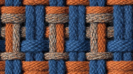 Close-up of woven threads with orange and blue colors in a textured pattern.