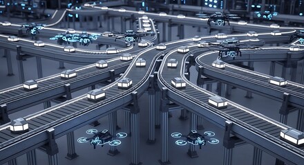 Futuristic Transportation Network with Autonomous Vehicles and Drones.