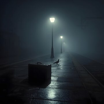 Abandoned train station at night with a suitcase and solitary pigeon, foggy atmosphere, cinematic lighting, photorealistic textures, minimalist emotional composition.