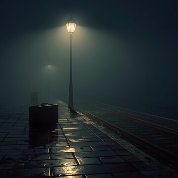 Abandoned train station at night with a suitcase and solitary pigeon, foggy atmosphere, cinematic lighting, photorealistic textures, minimalist emotional composition.