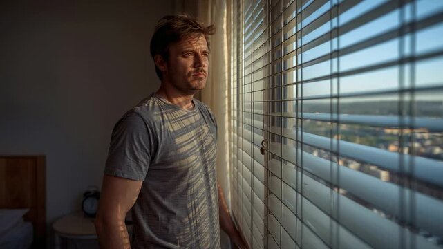 Morning light streaming onto man shifting gaze to view cityscape by bedroom blinds, holding cord