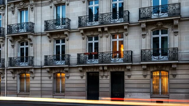 Elegant Parisian building at dusk with warm light glowing from windows