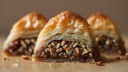 Deliciously layered baklava pastry bursting with sweet nuts and golden syrup, a perfect treat.