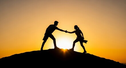 Silhouette of people reaching out in sunlight at dawn