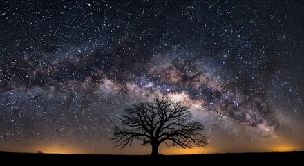 Silhouette tree under milky way galaxy night sky landscape