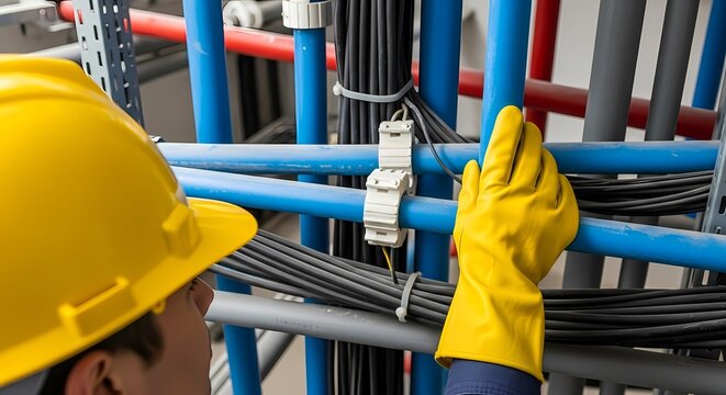 Electrician in Hard Hat and Gloves Inspecting Blue Electrical Conduit and Cables in Industrial Setting Professional Work Maintenance Concept