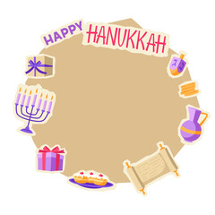 Happy Hanukkah card with stickers. Illustration with holiday objects.