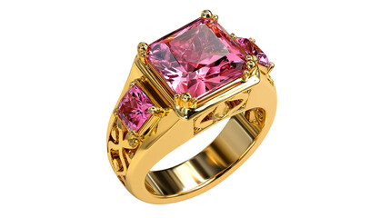 Gold ring with three pink princess cut gemstones jewelry isolated on a transparent background