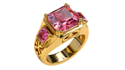 Gold ring with three pink princess cut gemstones jewelry isolated on a transparent background