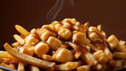 Savor steaming hot poutine with melted cheese curds and rich gravy a delicious comfort food classic