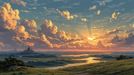 Dreamy Landscape with a Golden Sky